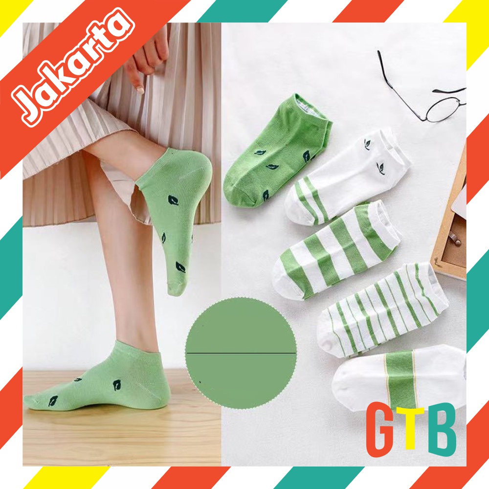 ❤GTB❤ Kaos Kaki Wanita Motif Green Leaf Fashion Korea Women Sock Import Murah KK005