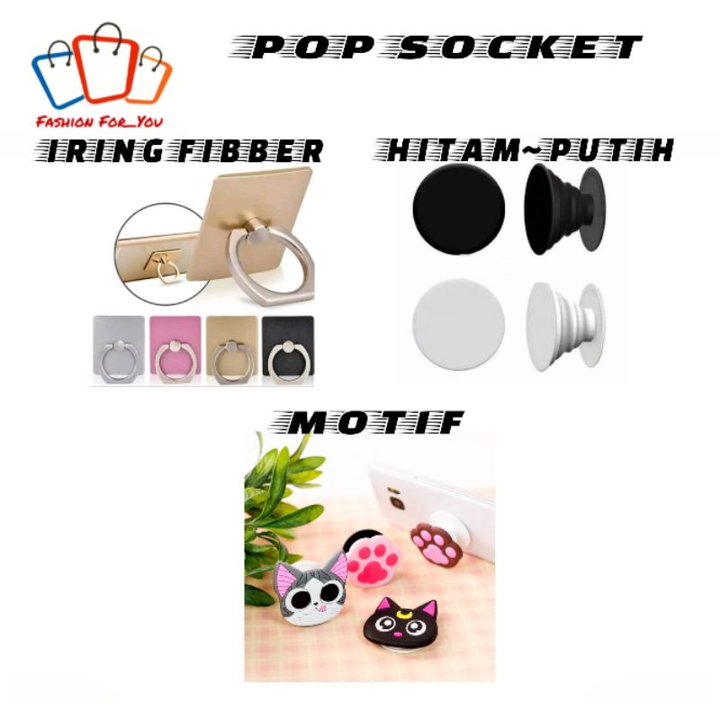 Pop Socket motif /Pop Socket Polos Hitam-Putih / Iring Polos Fibber / Iring Polos Besi