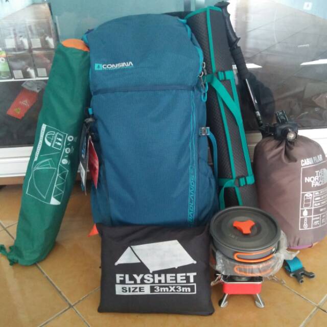 Paket lengkap naik gunung tas carrier tenda monodome sb matras trekking pole kompor cooking set