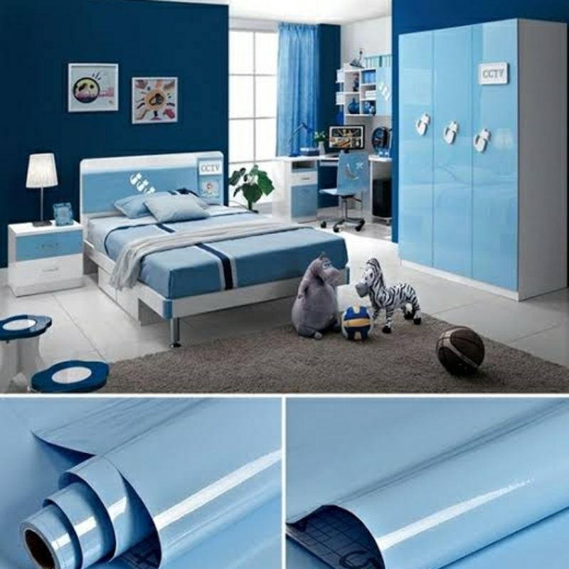 Wallpaper Dinding Dapur Premium Glossy Biru Polos