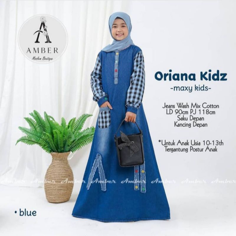 Gamis Anak Perempuan Tanggung Remaja Dress Panjang Anak Cewek Muslim Jeans Mix Katun Motif Kotak