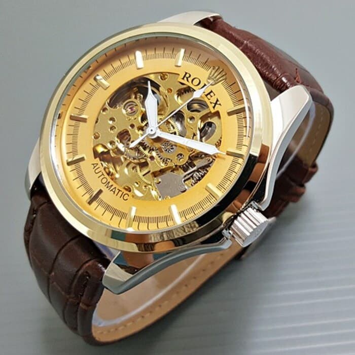 JAM TANGAN PRIA ROLEX KULIT AUTOMATIC BESAR BROWN (GOLD JARUM WHITE)