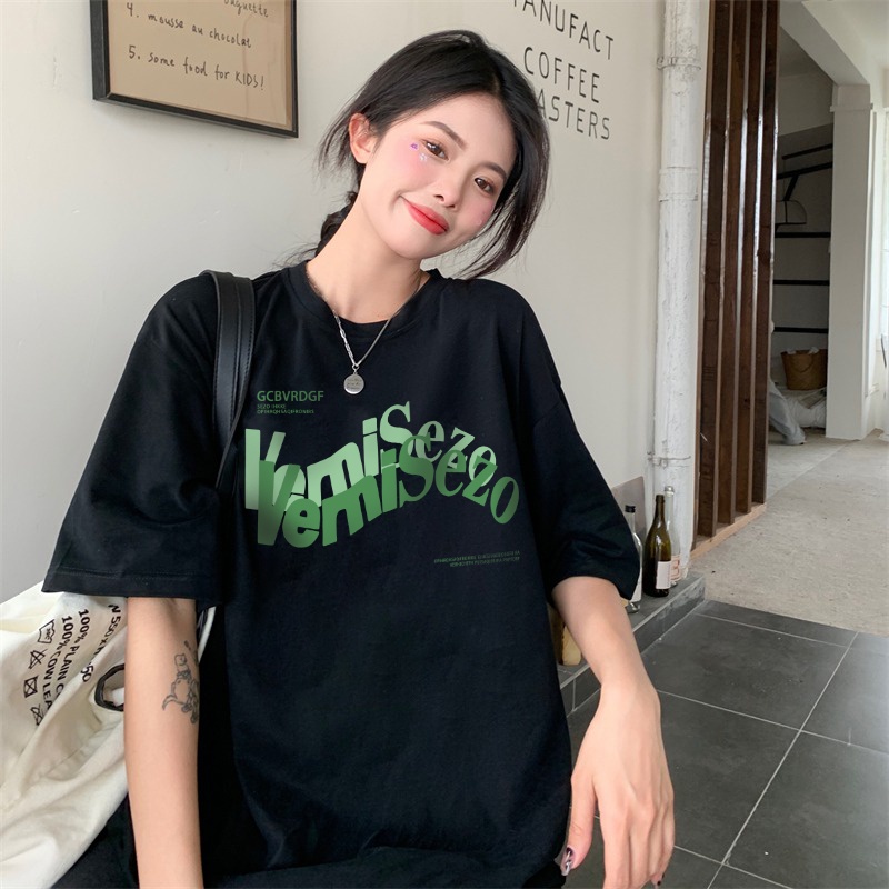 100% Katun Kaos Vintage Hitam Atasan Wanita Lengan Pendek Letter Oversize Printed T-shirt Baju Wanita Kekinian Korean Style/atasan wanita