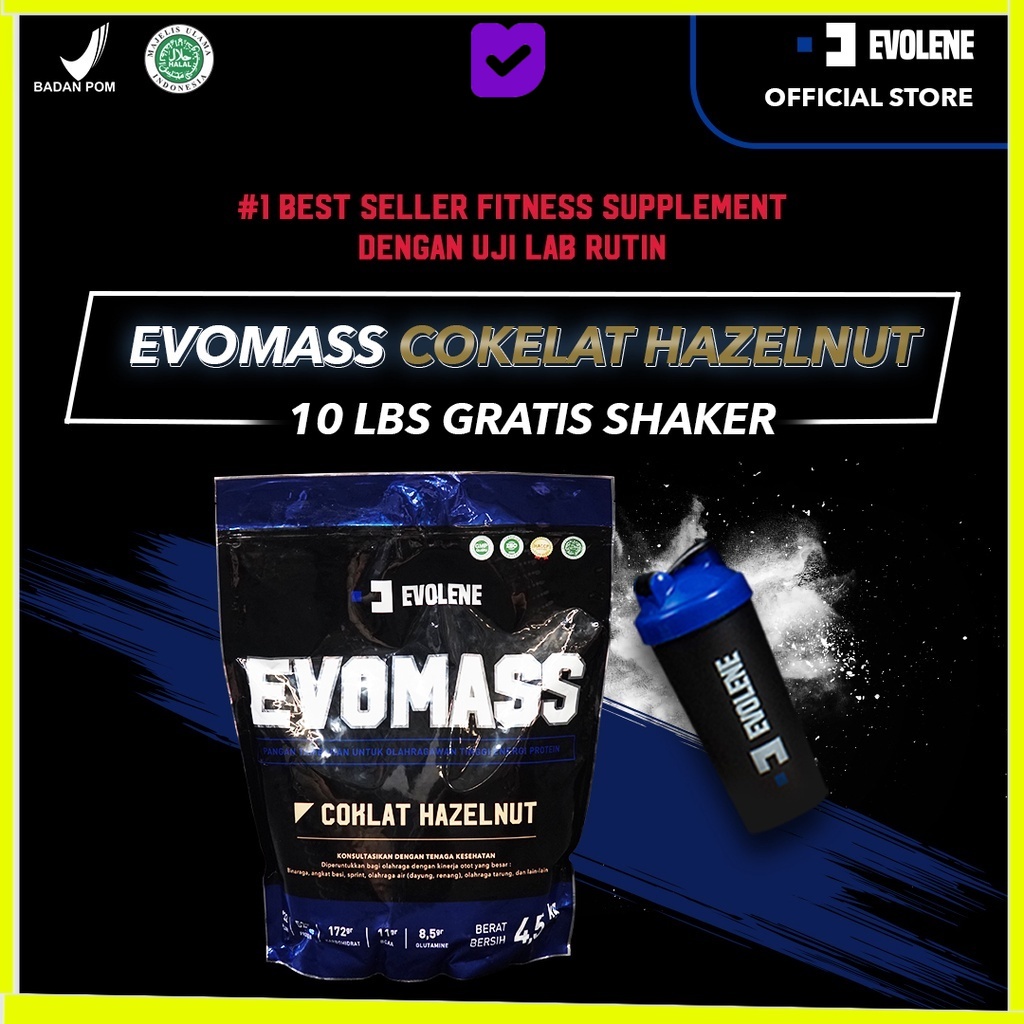

Evolene Evomass Evo Mass Evomas Mas Coklat Hazelnut 4500gr/20x serving Surplus kalori BPOM HALAL EVOLINE EVOLIN EVOLEN