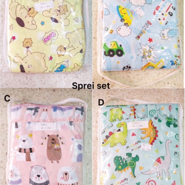 Sprei sarung bantal guling set bayi karet samping katun halus motif kartun