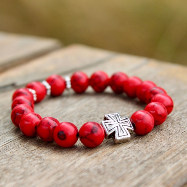FIRE . . Original Stone Bracelet/ Gelang Batu alam asli RED CORAL with cross spacer