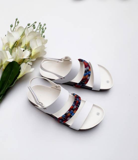 SB ~ SANDAL BIRKEN WANITA TALI TENUN PUTIH ETNIC