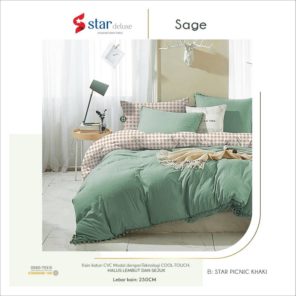 Sprei Set Premium Katun STAR Motif Polos Sage