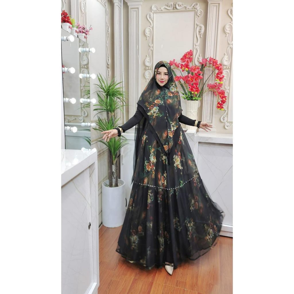 Zahira1808 Calista Syari Dengan Khimar Ceruty Baby Doll Mix Jersey Premium Gamis Muslim Syari Ibu Bu