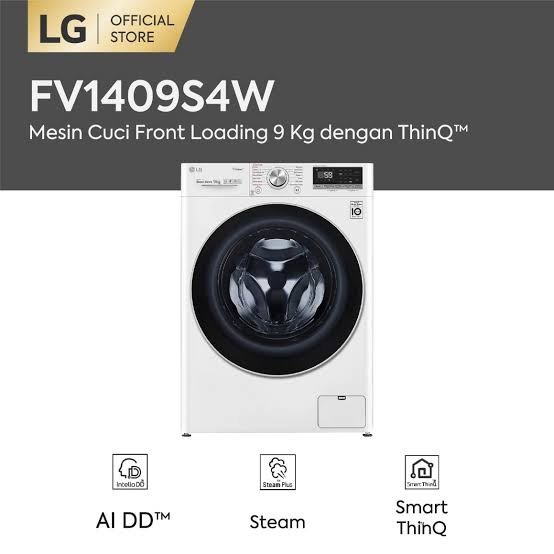 FV1409S4W Mesin Cuci LG 9kg Front Loading AI DD Steam+ Lifter Stainless Steel ThinQ WiFi