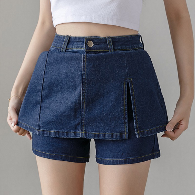 KARAKOREA 6808 Side Slit Strechable Denim Skirt with Pants/Rok Denim/Rok Jeans/Rok jeans wanita/Rok Jeans Korea/Rok wanita