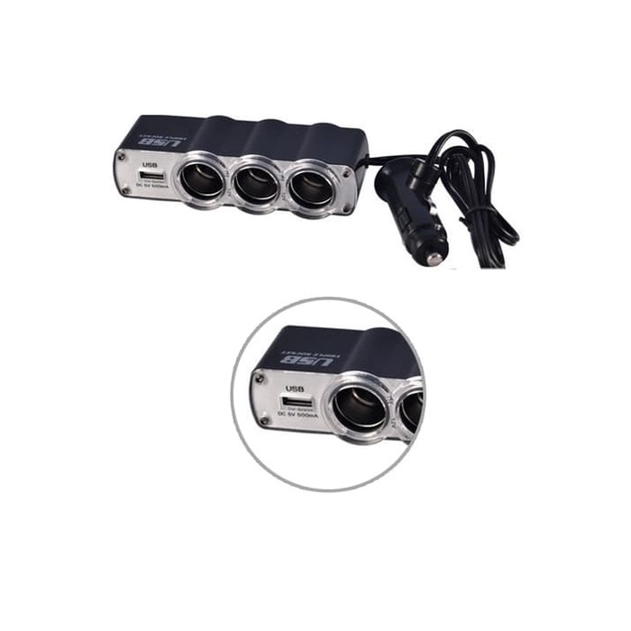 Charger splitter mobil 3 soket lighter plus usb port LIGHTER CABANG