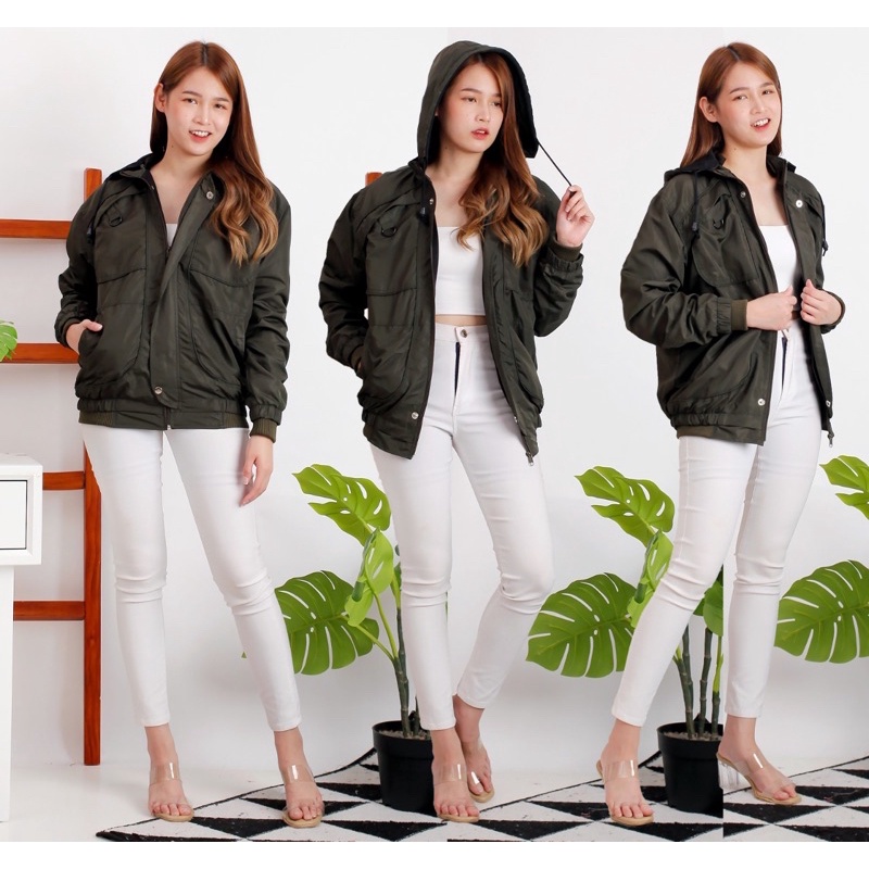 JAKET PARASUT PRINTING WANITA ANTI AIR WATERPROOF free masker OLAHRAGA SEPEDA-Polos army
