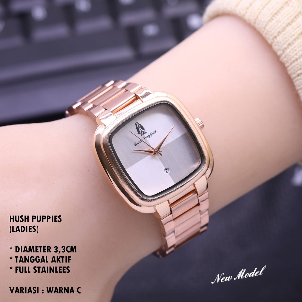 (BISA COD) JAM TANGAN WANITA HUSH PUPPIES H-006 RANTAI BODY SEGI TANGGAL AKTIF