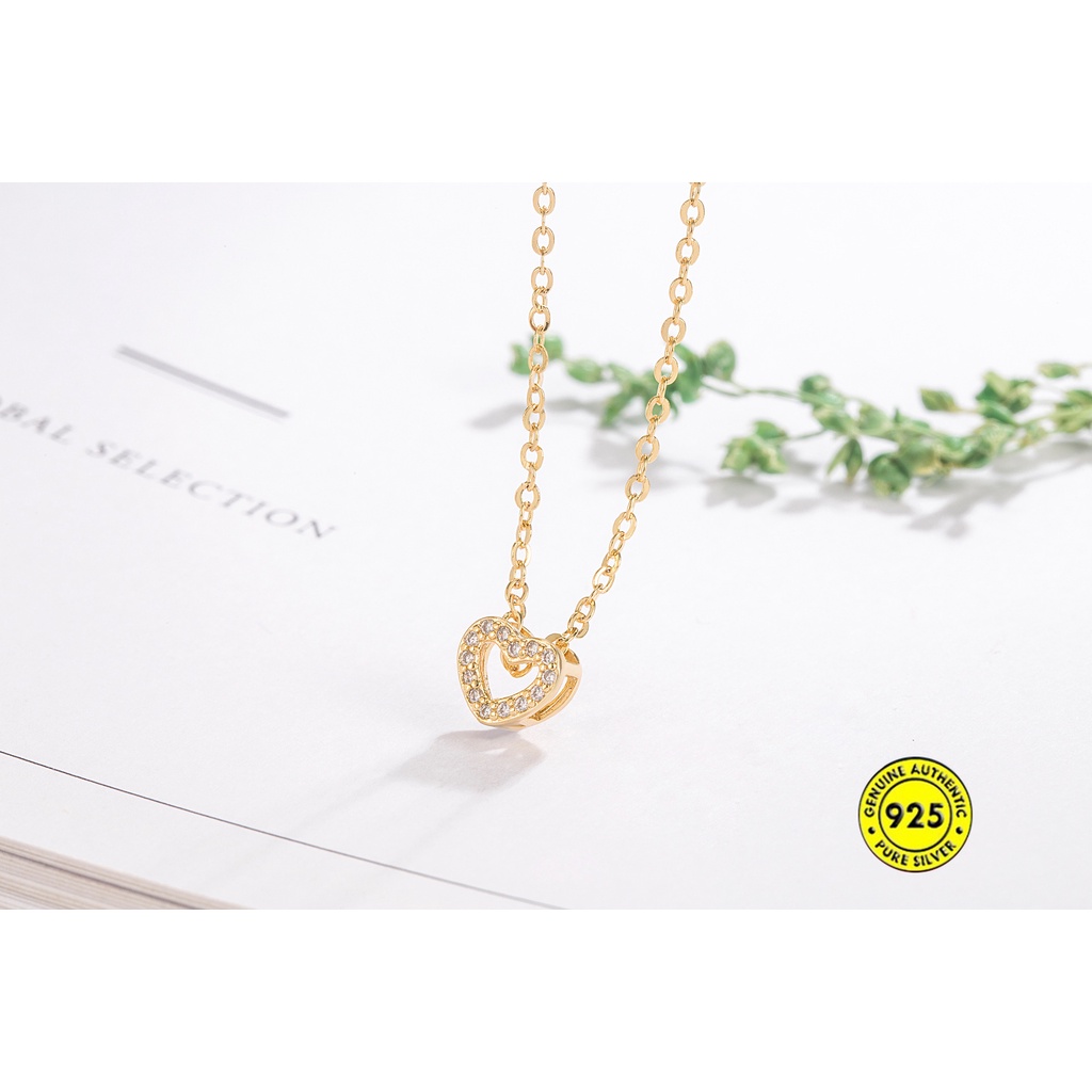 Kalung Rantai Lapis Emas 18K Dengan Liontin Hati Hollow Aksen Berlian Untuk Wanita