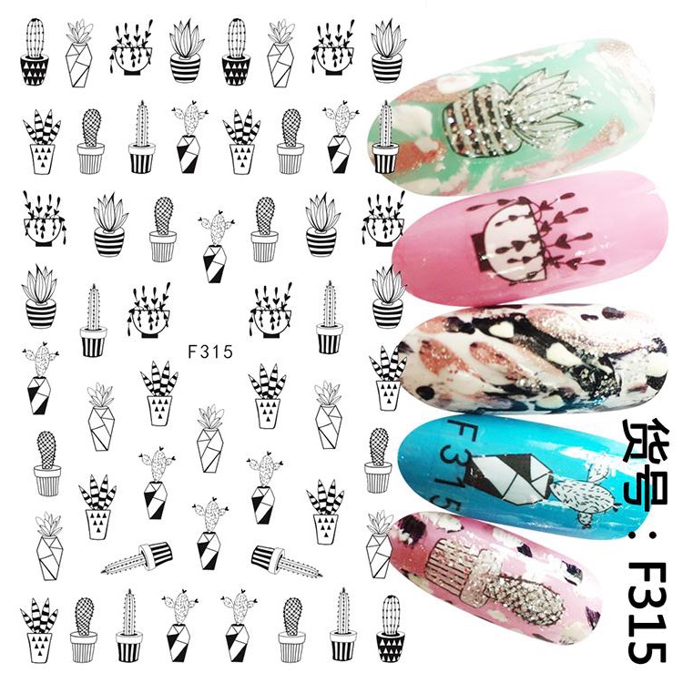 Cute Monochrome Cactus Pot Ultra Thin Nail Sticker Stiker Kuku Nail Art Craft Jurnal F315