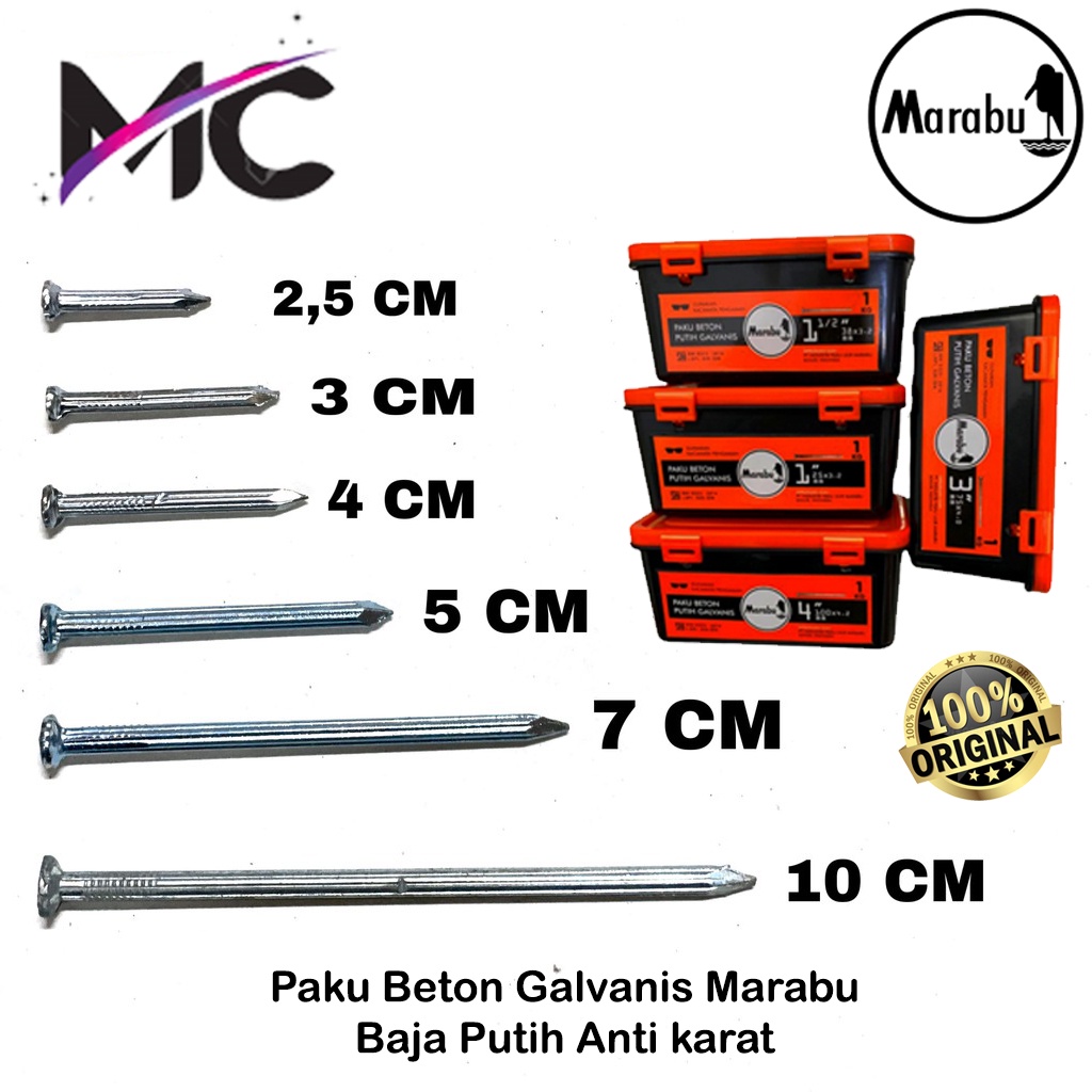 Paku Beton Tembok Dinding 3cm 4cm 5cm 7cm 10cm PerKotak Galvanis Marabu Super Kuat Asli Original