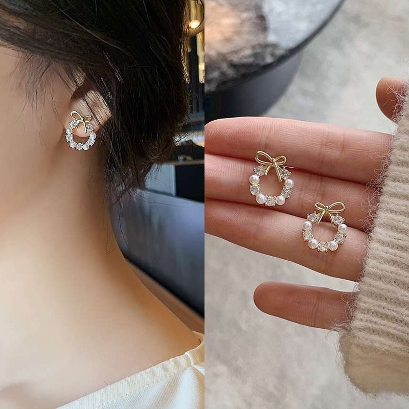 50pilihan925 Anting Jarum Perak Kualitas Tinggi Mutiara Zirkon Anting Perempuan Perancis Niche Anting