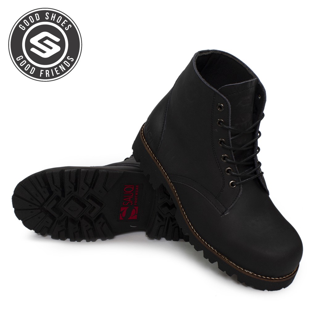 Sauqi Footwear - Gantleman Black Safety Boots Work's Boots Kulit Sapi Asli Kuat SNI