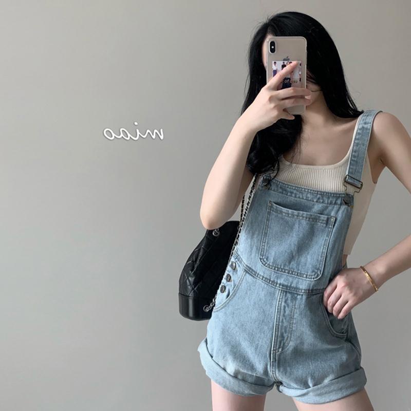 Suhao Musim Semi dan Musim Panas Baru Gaya Barat Tinggi Pinggang Net Merah Fashion Denim Celana Pendek Strap Wanita Tipis Kecil