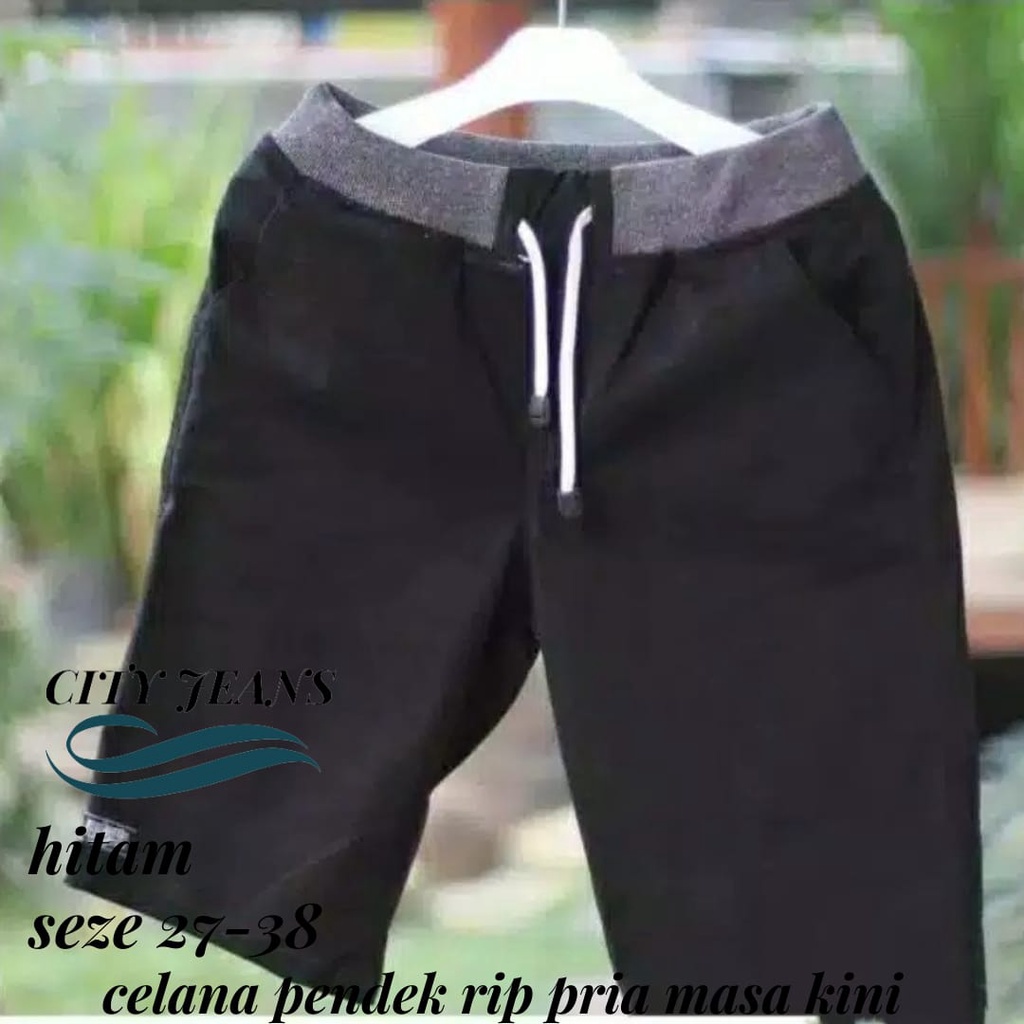 Celana Pendek Pria Pinggang Kolor RIP Bahan Katun Stretcth Polos Hitam Krem Abu Moca 27-38-/.