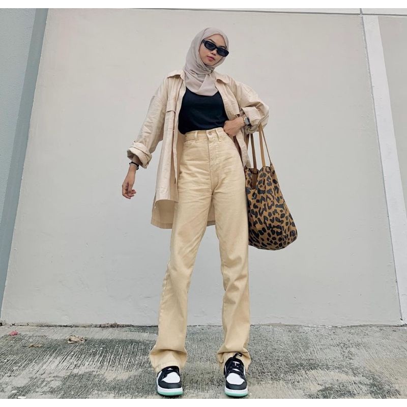 (27-34) CREAM HW LOOSE JEANS / LATTE CELANA HW LOOSE JEANS / CELANA HIGHWAIST LOOSE JEANS WANITA CEWEK