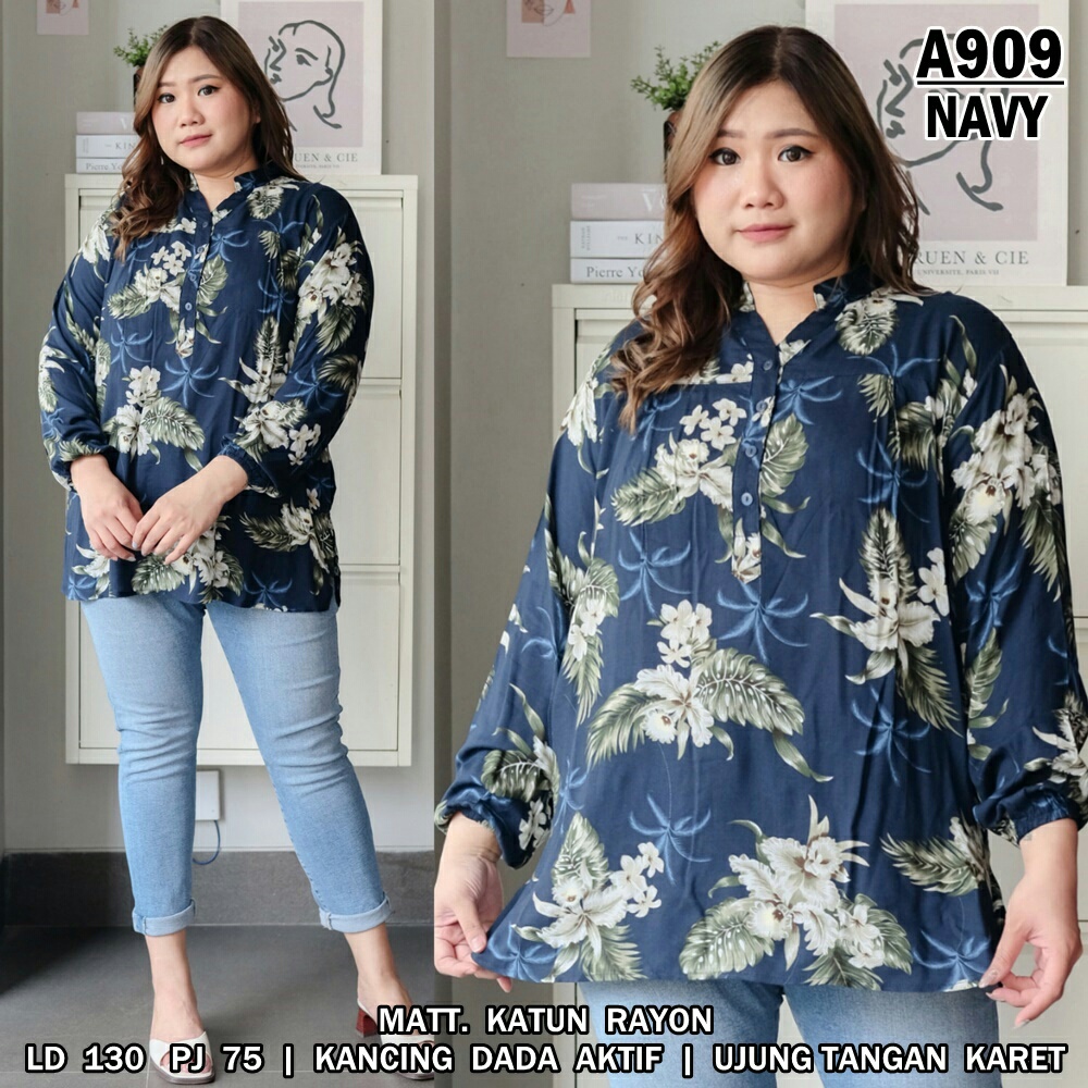 UNION11 -  ATASAN WANITA JUMBO XXXXL / ATASAN WANITA JUMBO LD 130 /  BLOUSE WANITA JUMBO OKTA SINDI PRILY-A909 SINDI NAVY