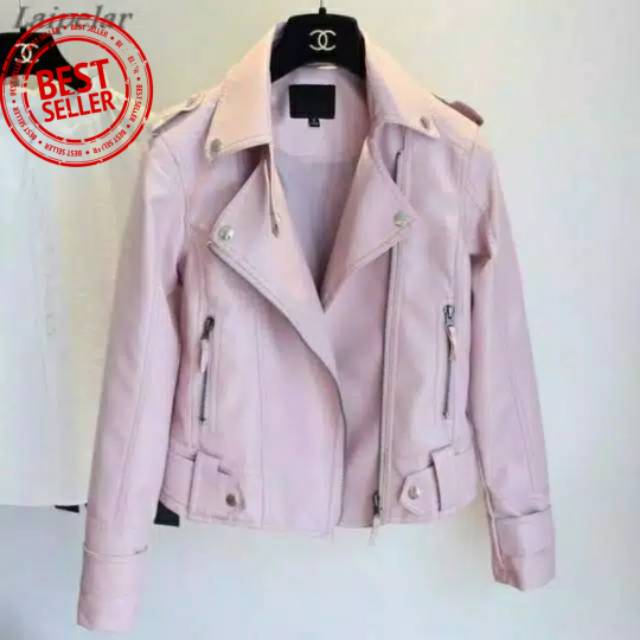 Jaket Kulit Sintetis Wanita Baby Pink WJ355 Jacket Crop