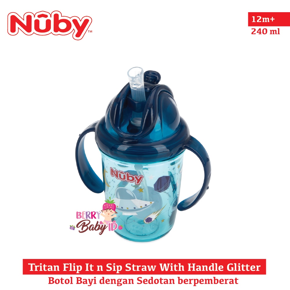 Nuby Tritan Flip It Straw With Handle Glitter Botol Training Cup Bayi Botol Sedotan Bayi Anak BPA Free Berry Mart