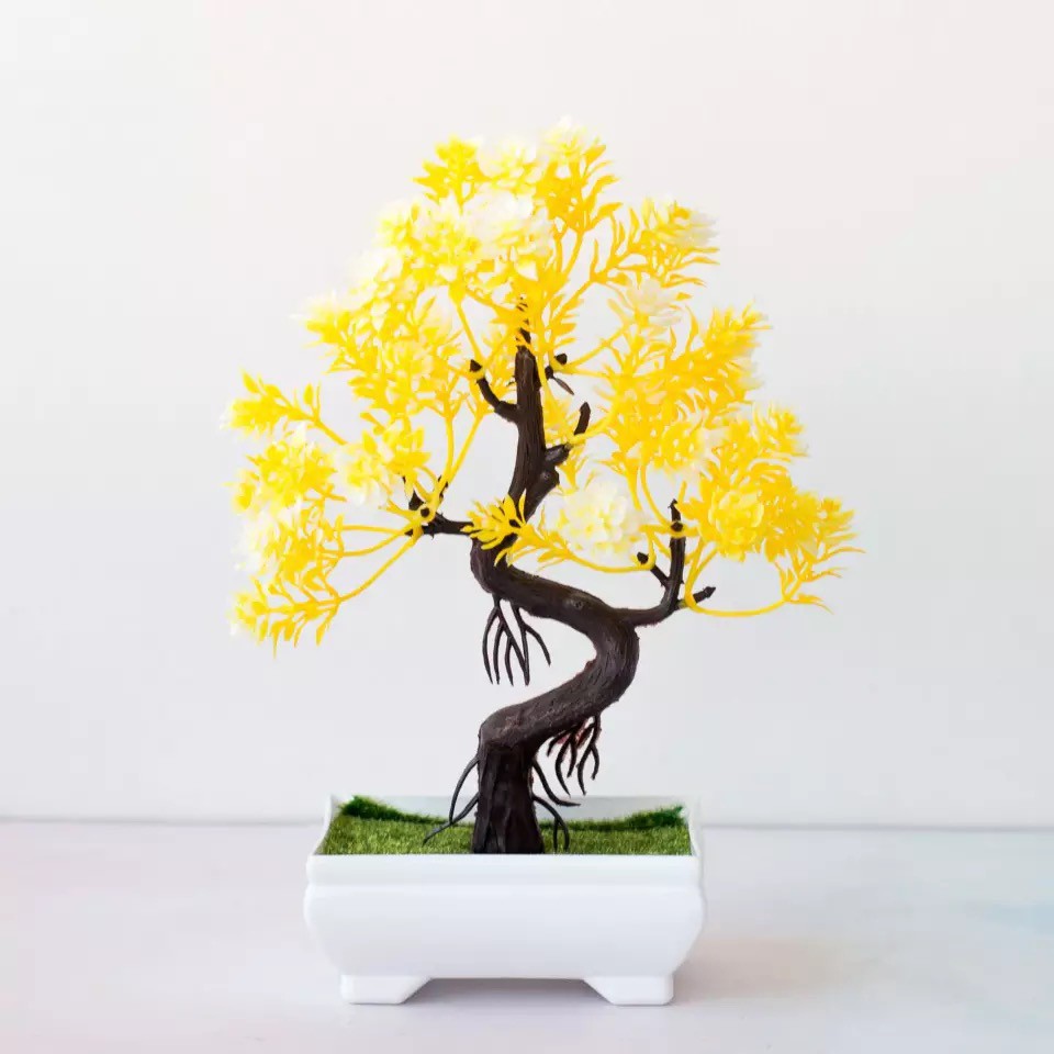 Artificial Flower Pot Bunga Plastik Pot Bunga Hiasan Pohon Buatan Dekorasi Rumah Motif Bonsai Hongyu-Yellow