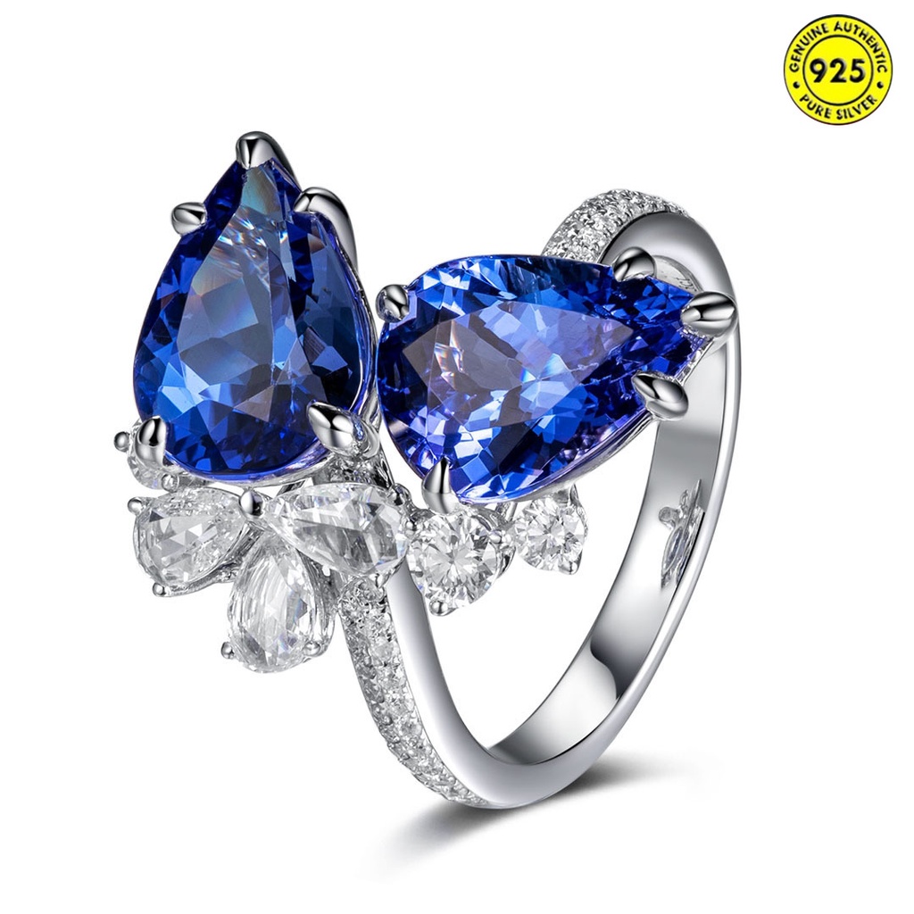 Cincin Berlian Sapphire Biru Ganda Bentuk Pir Model Terbuka Untuk Wanita