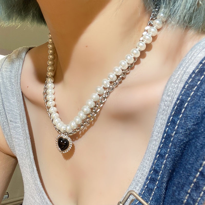 Kalung Rantai Model Double Layer Aksen Mutiara Warna Hitam Gaya Retro Hip-Hop Untuk Wanita L