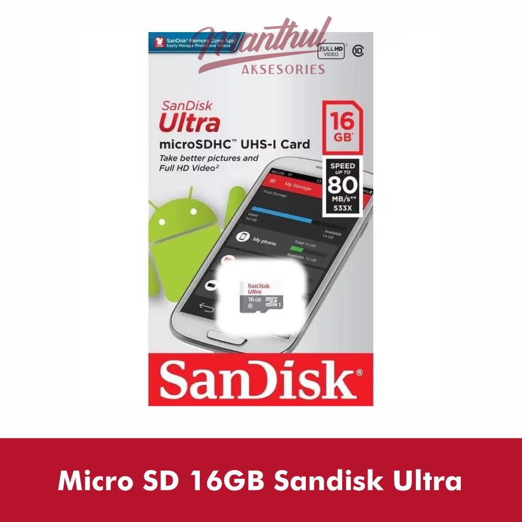 MicroSD Sandisk Ultra 16GB Class 10 80MBPS Micro SD Card 16 GB SDHC