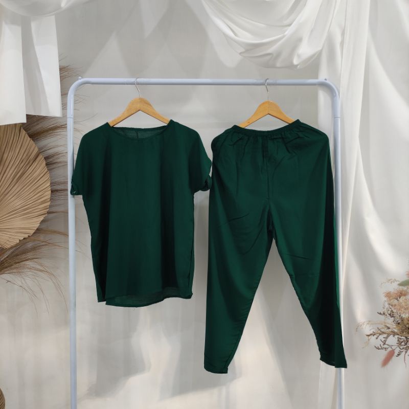 BAJU TIDUR POLOS PIYAMA POLOS CELANA PANJANG LENGAN PENDEK BAHAN RAYON babbydoll-POLOS HIJAU BOTOL