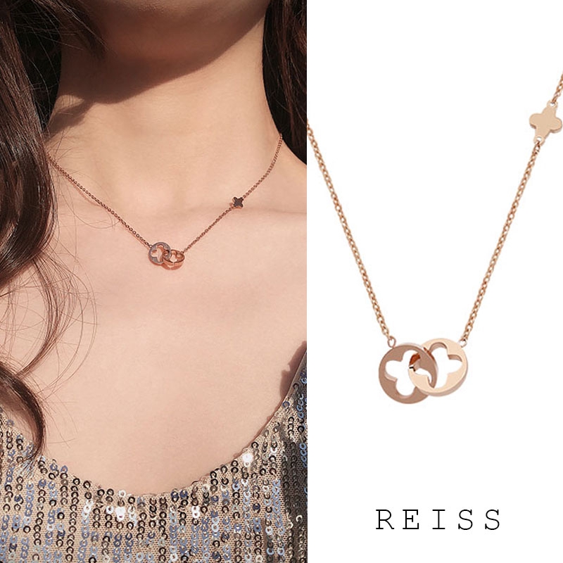 Kalung Choker Model Hollow Desain Daun Semanggi Warna Rose Gold Bahan Titanium Steel Untuk Wanita