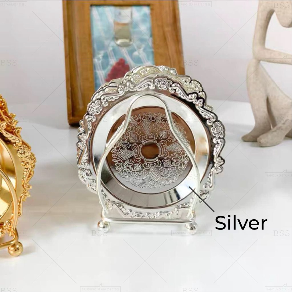 Set 6pcs Tatakan Alas Gelas dengan Rak Piring Jewelery hiasan pajangan Tempat perhiasan Premium 10cm Motif Mewah Unik Emas Silver