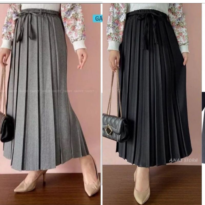 Rok Kerja Wanita Rempel - Rok Terda Skirt Wood - Rok Rempel Wanita Semiwol - Rok Plisket Semi Wol