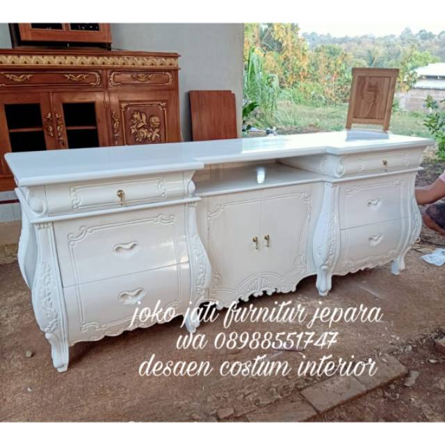Bufet tv cat putih Duco/bufet minimalis/bufet ukir jepara