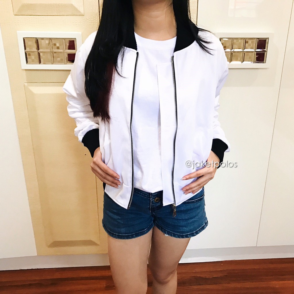 Jaket Bomber Crop Lotto Polos | Jaket Unisex/bisa cow dan cew | Resleting |Putih