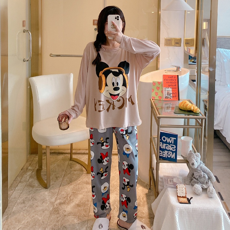 Setelan Piyama Bahan Adem Lengan Panjang Oversize Karakter Lucu Baju Tidur Wanita-Headphone Mickey