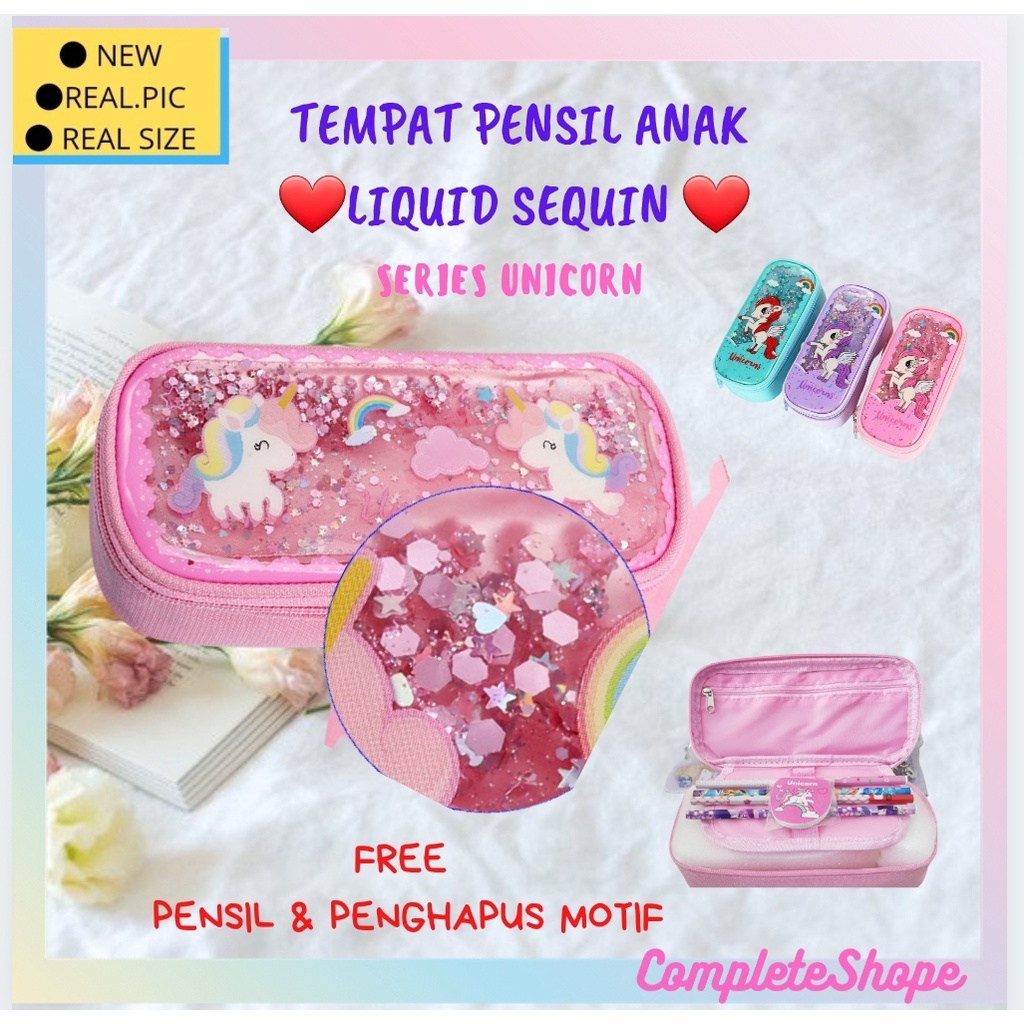 

KOTAK TEMPAT PENSIL ANAK GLITTER LIQUID SEQUIN AIR KARAKTER KARTUN UNICORN FLAMINGO