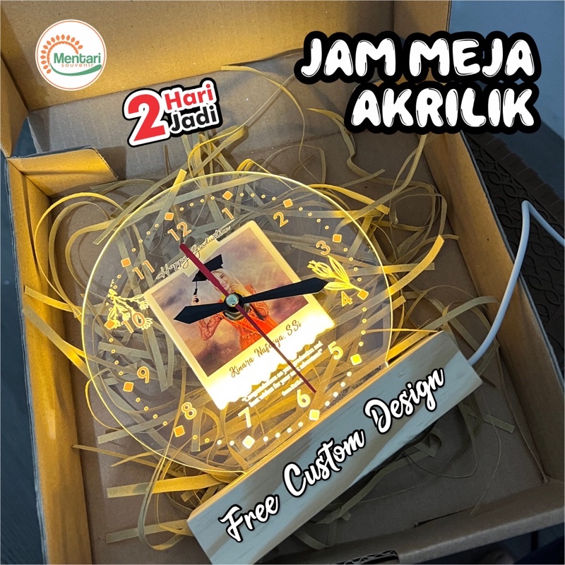 JAM MEJA ACRYLIC CUSTOM NAMA FOTO HADIAH PERNIKAHAN UNIK KADO NIKAH NIKAHAN WEDDING ULANG TAHUN CEWEK LUCU GIFT BOX WISUDA LAMPU TIDUR