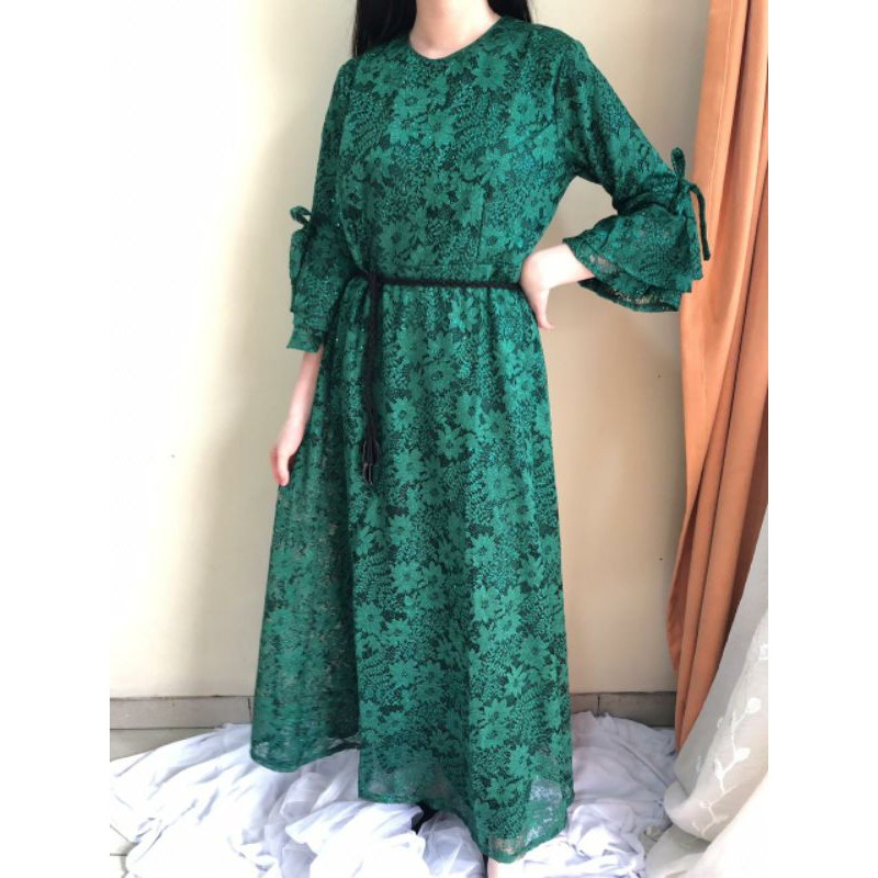 Ken-229 Long dress pesta full gamis brukat glitter baju terusan panjang free belt