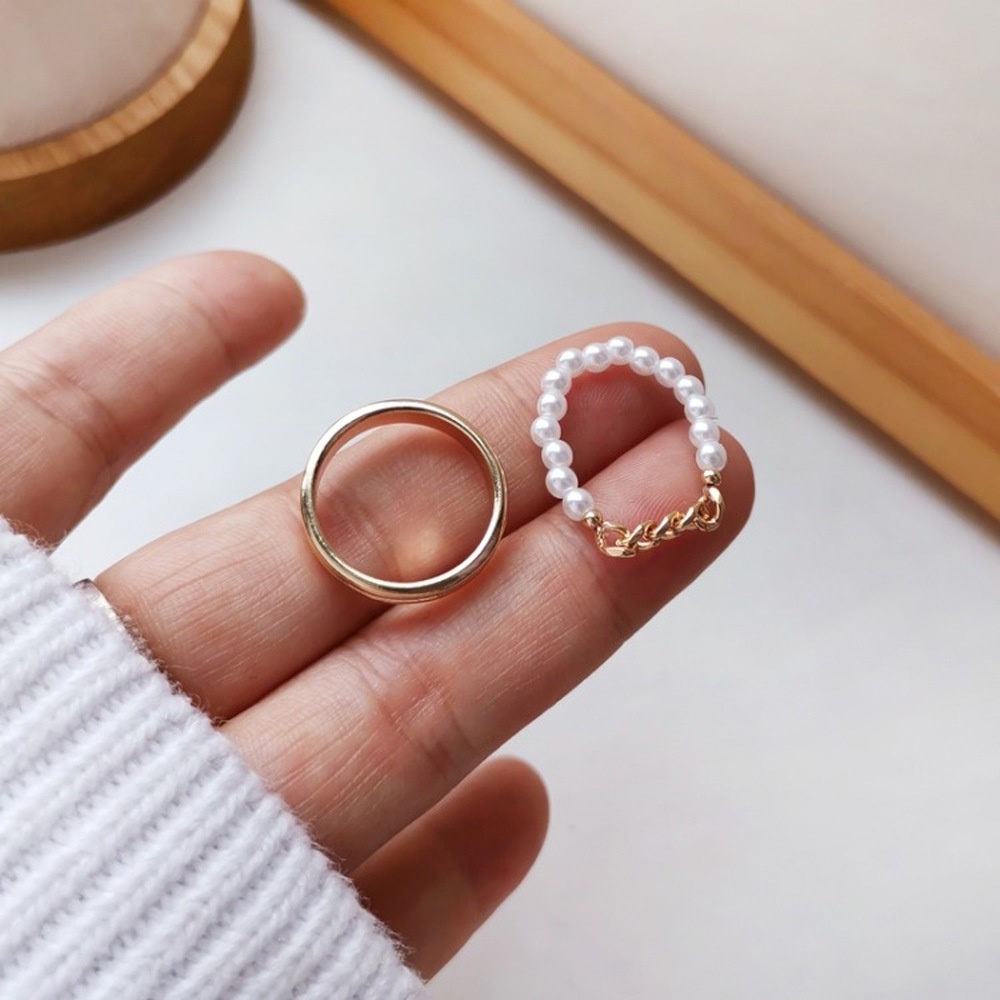 Two-piece Pearl Finger Ring Temperament Korean Rings Female Fashion Ring Plain Ring Sweet Chain