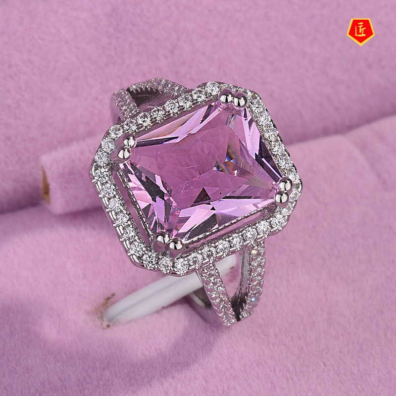 [Ready Stock]High-End Luxury Elegant Rectangular Pink Tourmaline Open Ring