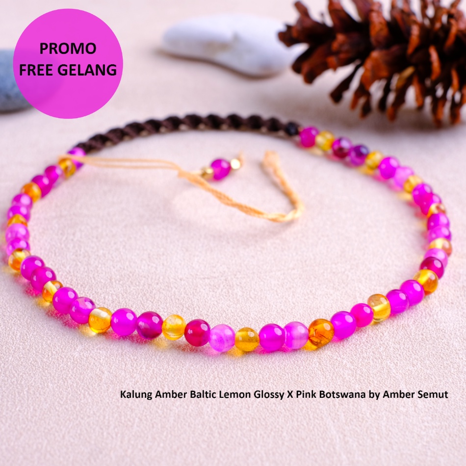 Kalung Amber Baltic Lemon Glossy X Pink Botswana Resizeable [2189]