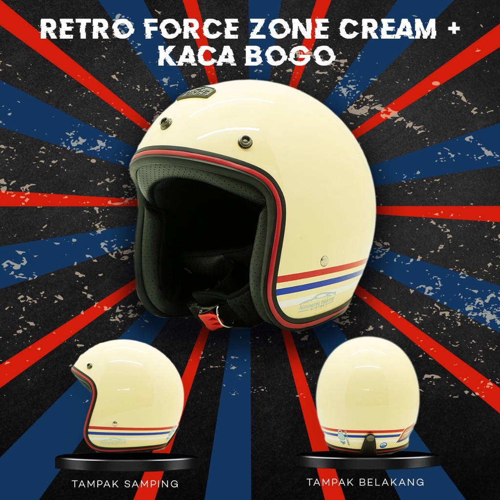 Helm Motor Retro Force Zone Cream + Kaca Bogo