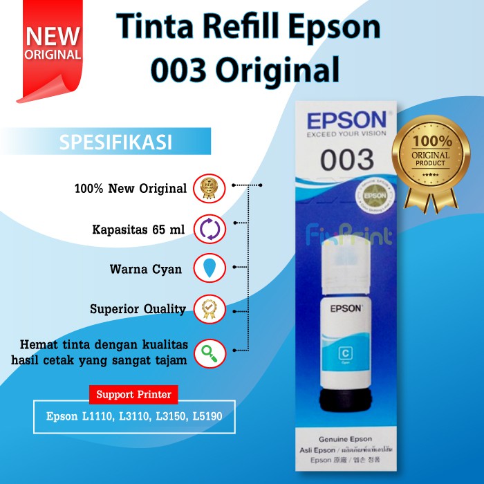 Tinta Epson 003 Original Black Cyan Magenta Yellow Refill Ink Printer L1110 L1210 L1250 L1256 L3100 L3101 L3110 L3210 L3116 L3150 L3156 L3250 L3256 L5190 L5290 L5296