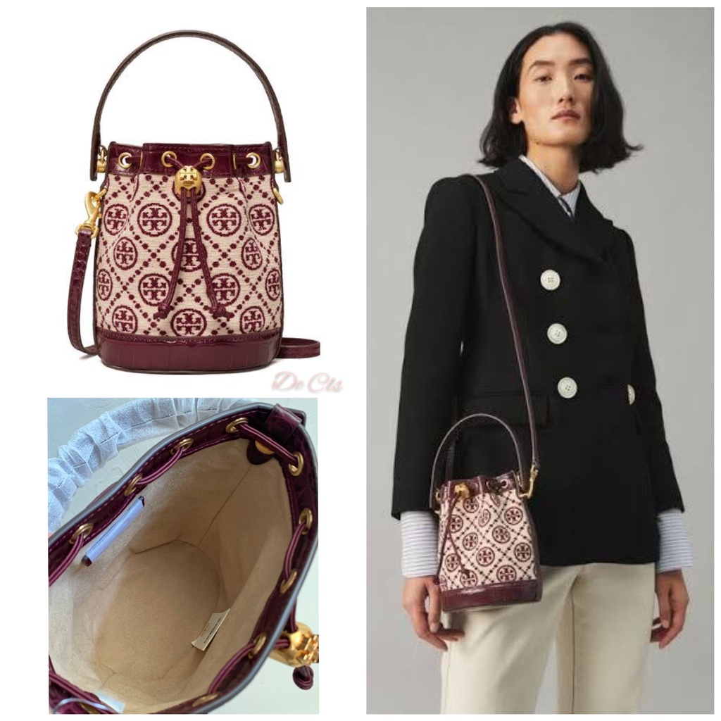 Tas TB T Monogram Chenille Mini Bucket Bag Claret New Cream sz 14-20x18x10cm