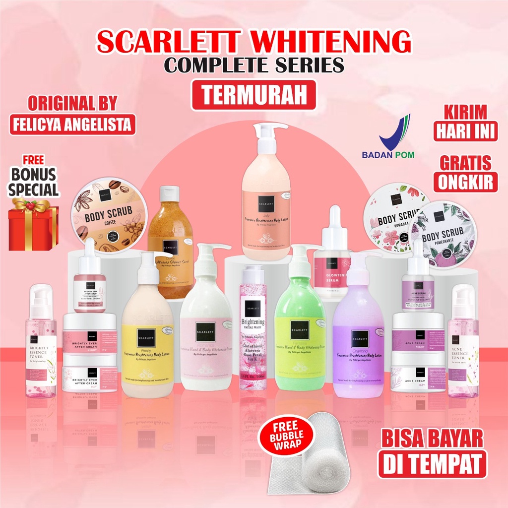 Scarlett Whitening [SALE+COD] BPOM Original Paket Lengkap Scarlet Toner Serum Glowtening Cream Hand Body Lotion Jolly Shower Scrub